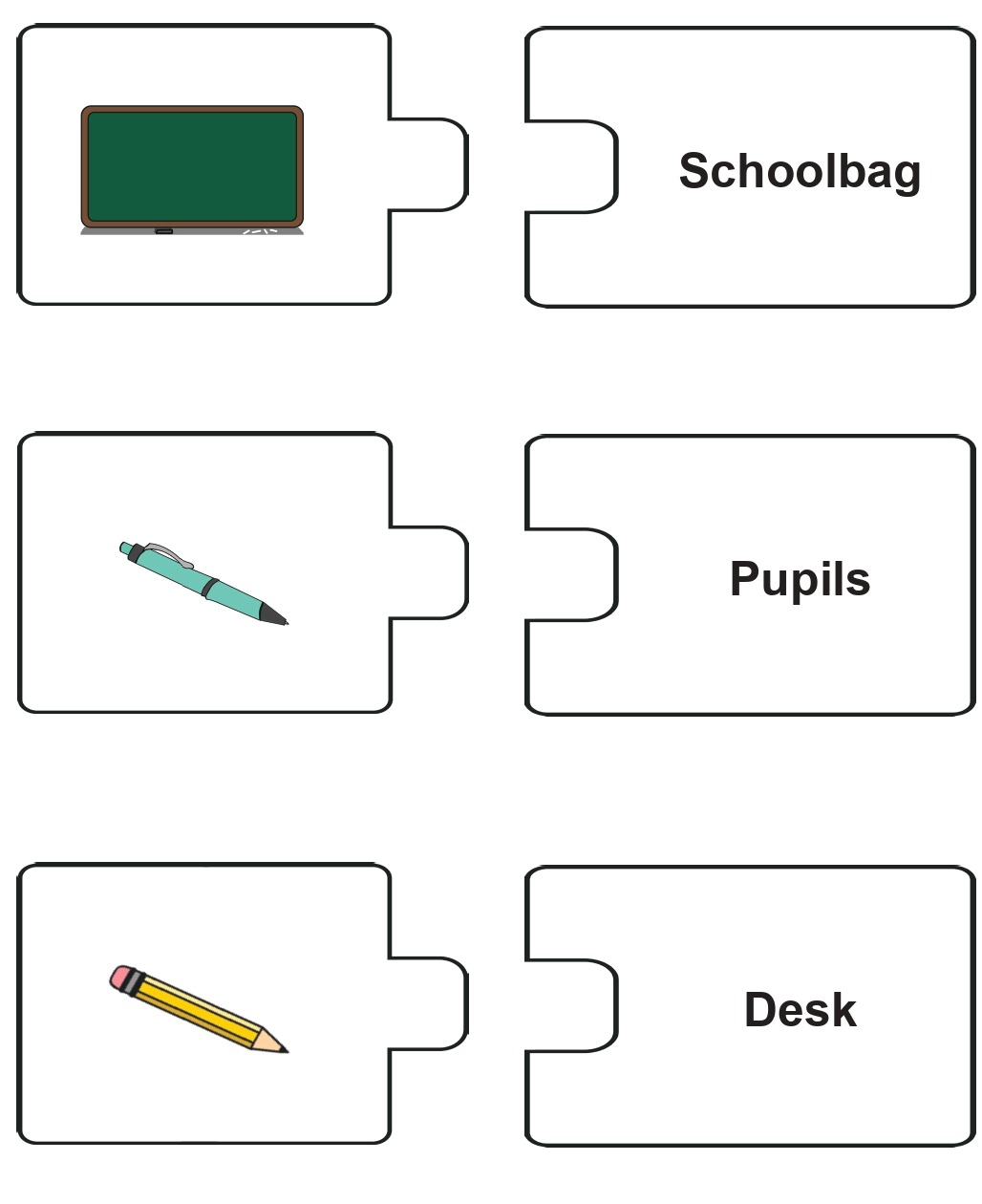 Fiche originale du jeu de puzzle mots-images à découper (schoolbag, pen, pencil...)